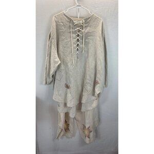 Blue Fish Plus‎ Size 1 Art to Wear Linen Outfit Ivory Lagenlook handpainted